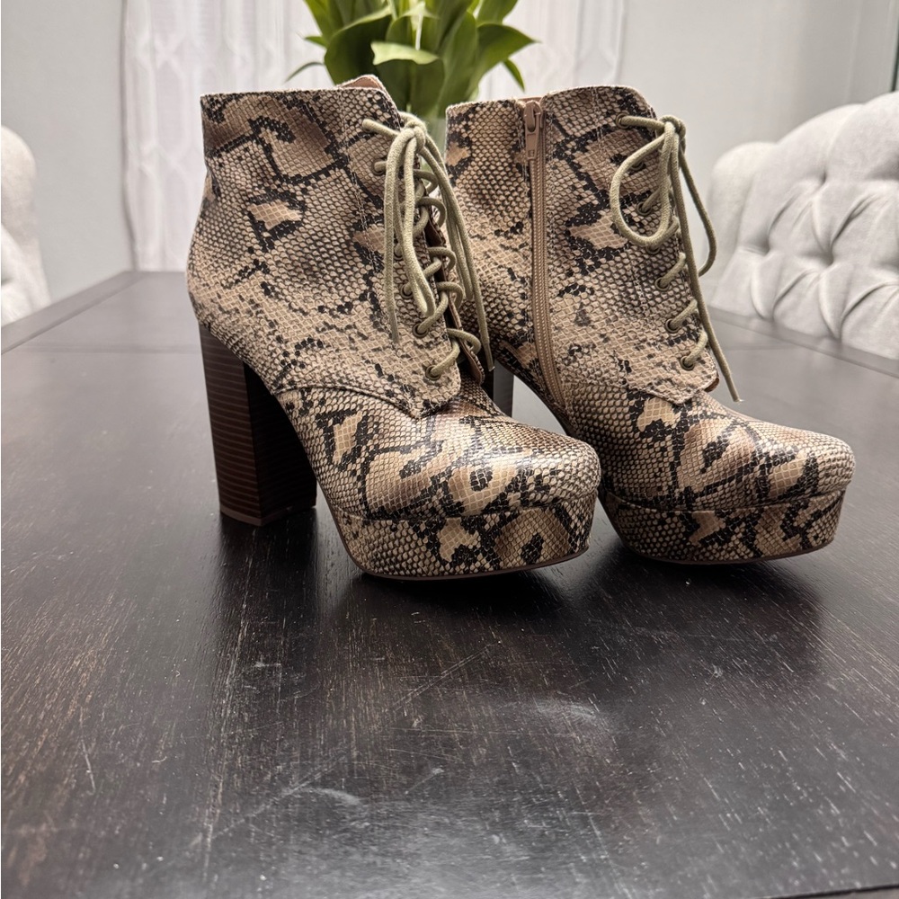 Snakeskin Lace-Up Ankle Boots